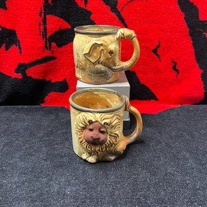 Vintage Ceramic " Stoneware" Mugs. Lion and Elephant, Japan